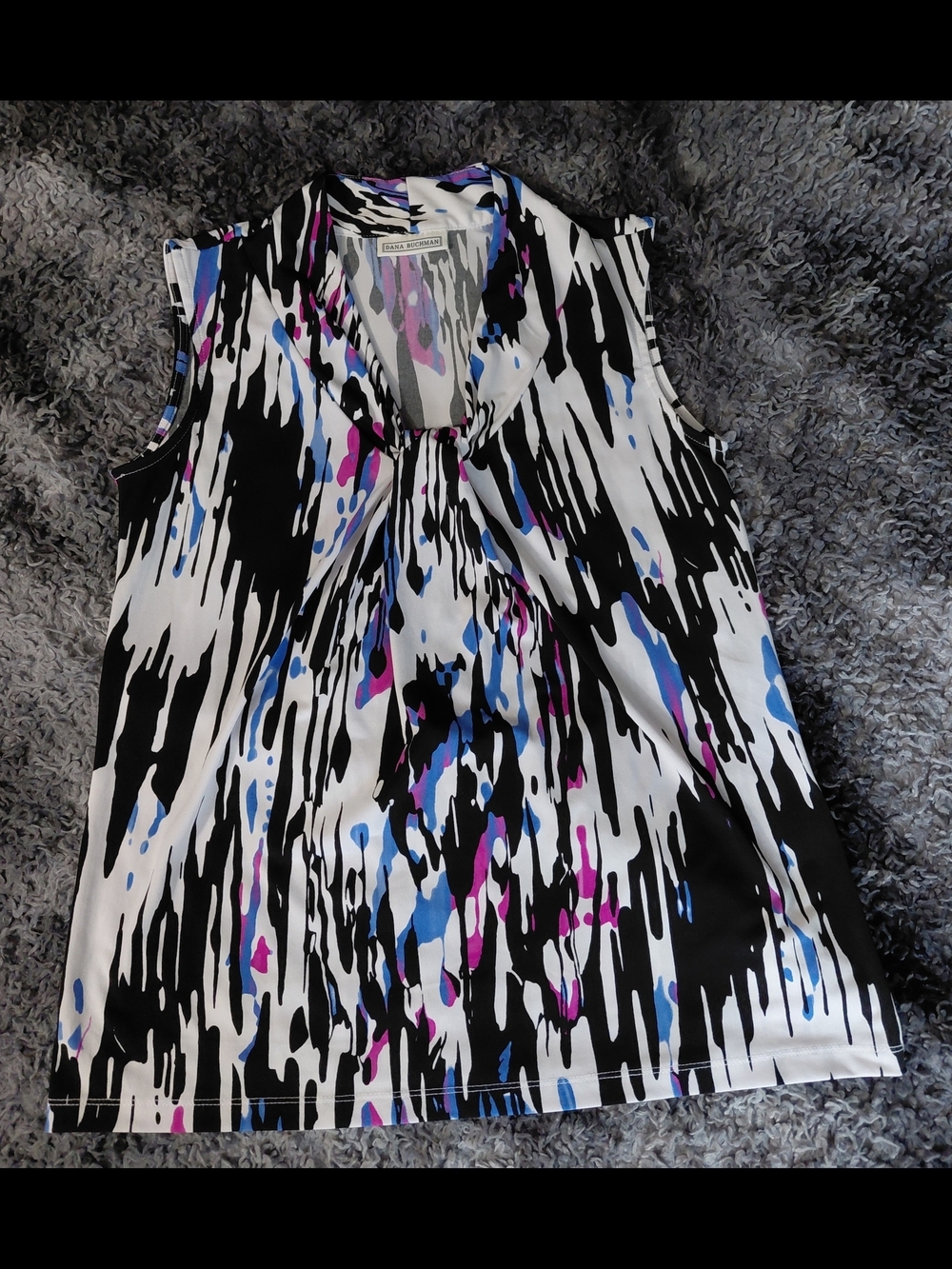 Dana Buchman Black, White, Blue & Pink Abstract Sleeveless Tie-Neck Top
